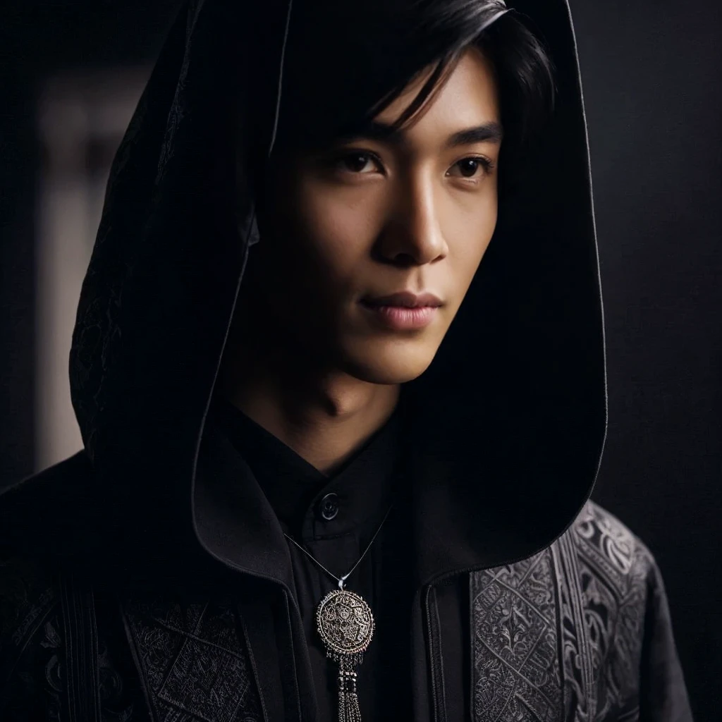
A highly realistic full-body portrait, professionally photographed, of a 20-year-old Thai man, clean face and skin, very charming and mysterious figure shrouded in darkness, wearing an elegant black hoodie that partially conceals their identity, wearing a head hood decorated with intricate symbols and patterns, a hint at his secret nature. The all-black attire is a mix of cultural influences, adding to the overall mystique of the night. Set against the backdrop of a dimly lit alley or a moonlit forest, where the shadow of a dancing woman deceives the eye, this high-resolution UHD 8K image has a cinematic quality that draws the viewer into a world filled with imagination and mystery. full body portrait photography, cinematic soft night lighting movie, potret poster, pro photography art, realism, unreal, highly detailed, clear and sharp.