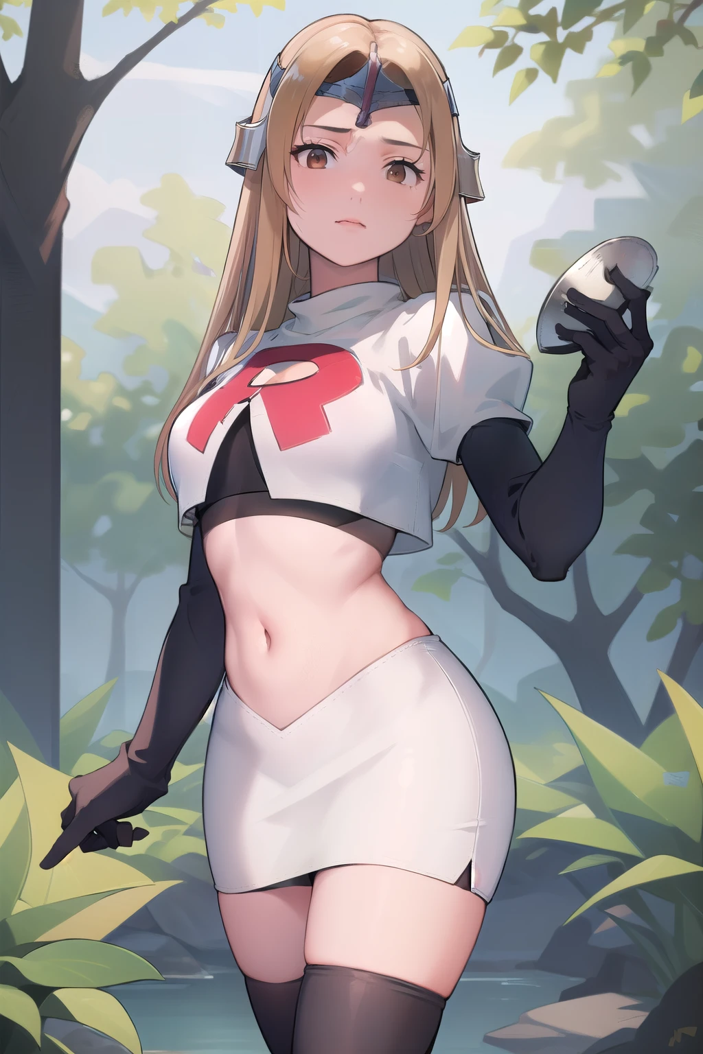 masterpiece, best quality, mathilda, brown eyes,helmet,  looking at viewer, team rocket,team rocket uniform,white skirt,red letter R,crop top,black thigh-highs,black elbow gloves