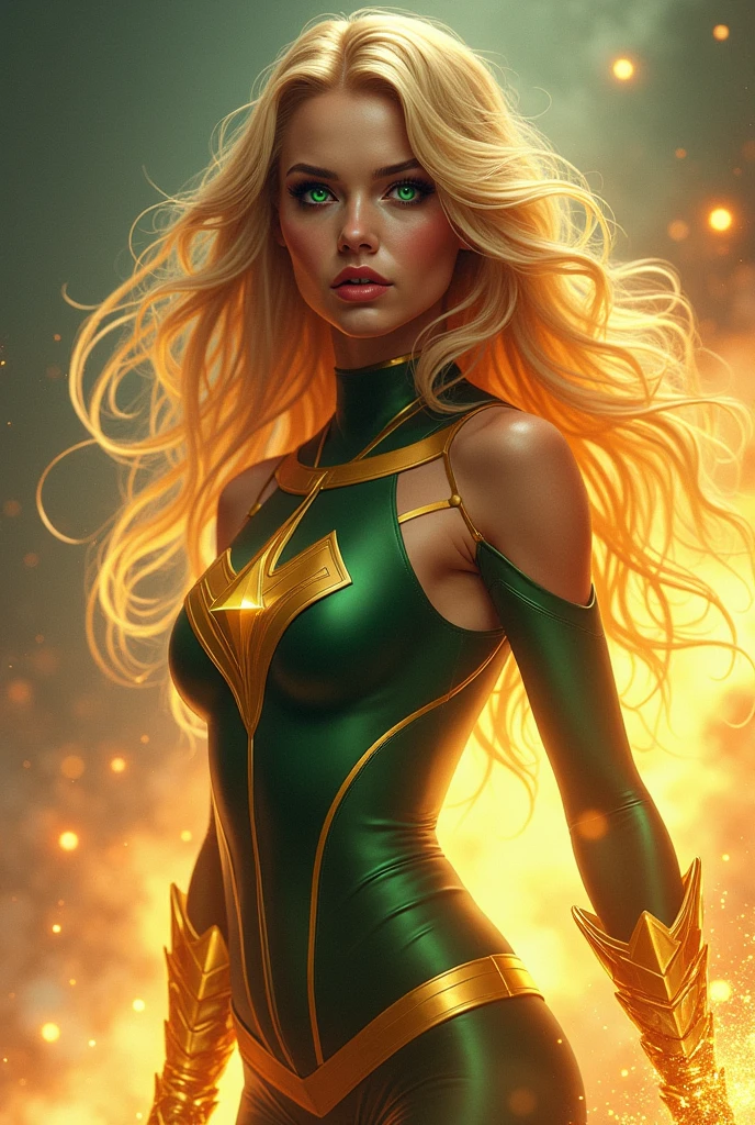 Create a very beautiful and sexy blonde pose sexy green eyes to her.same basket as a superhero 
