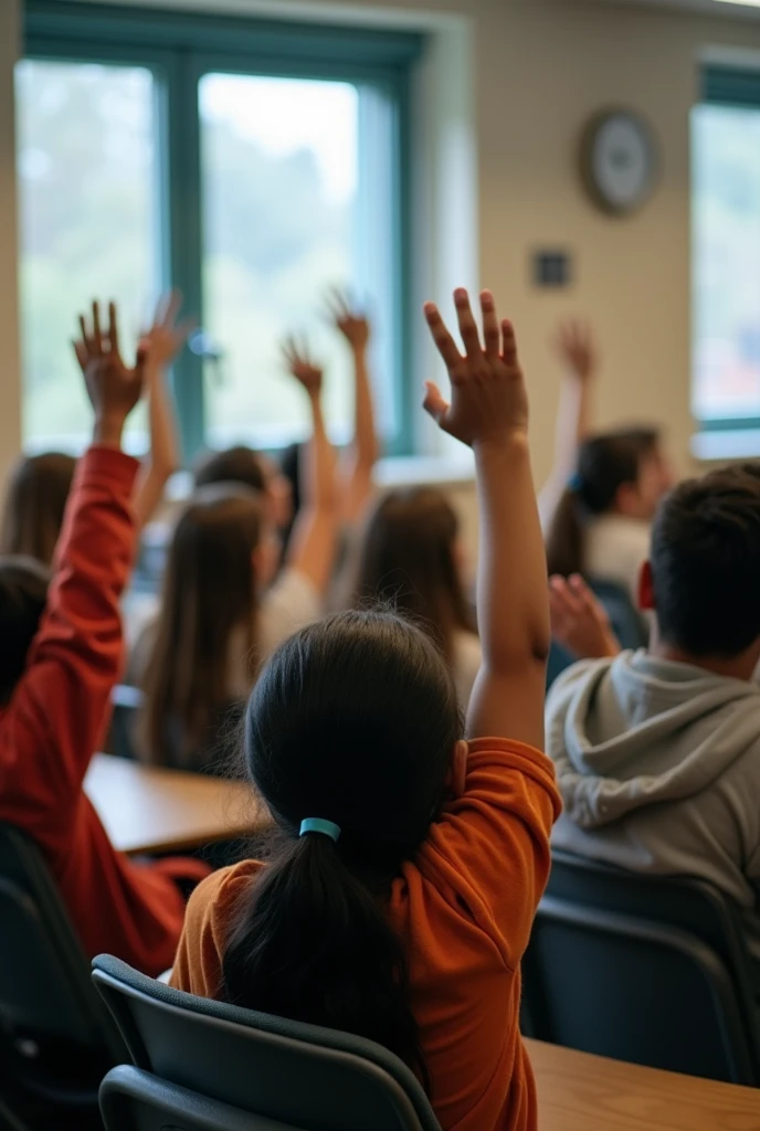 High school students raising their hands to ask the teacher a question in class