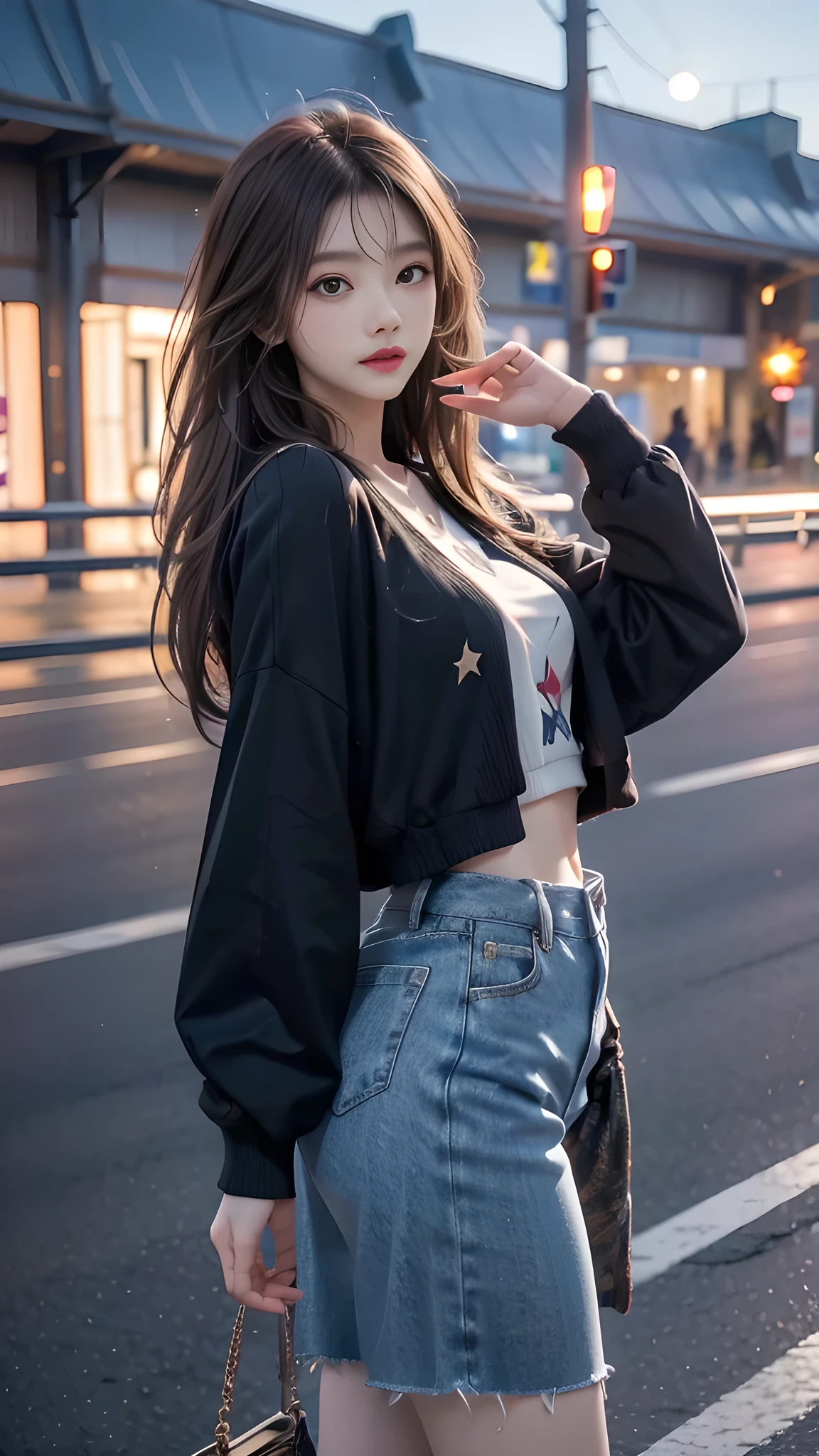 ulzzang-6500-v1.1, (RAW photo: 1.2), (Real photo), (Real photo: 1.4), 1 girl、Perfect anatomy、19 years old、Looking at the camera、Medium length hair, On the highway, the road is empty, the sky is at dusk and the moon and stars have begun to appear, ((on the highway: 1.1)), (clothes: 1.2), (Business service)、Asian eyes Ella,