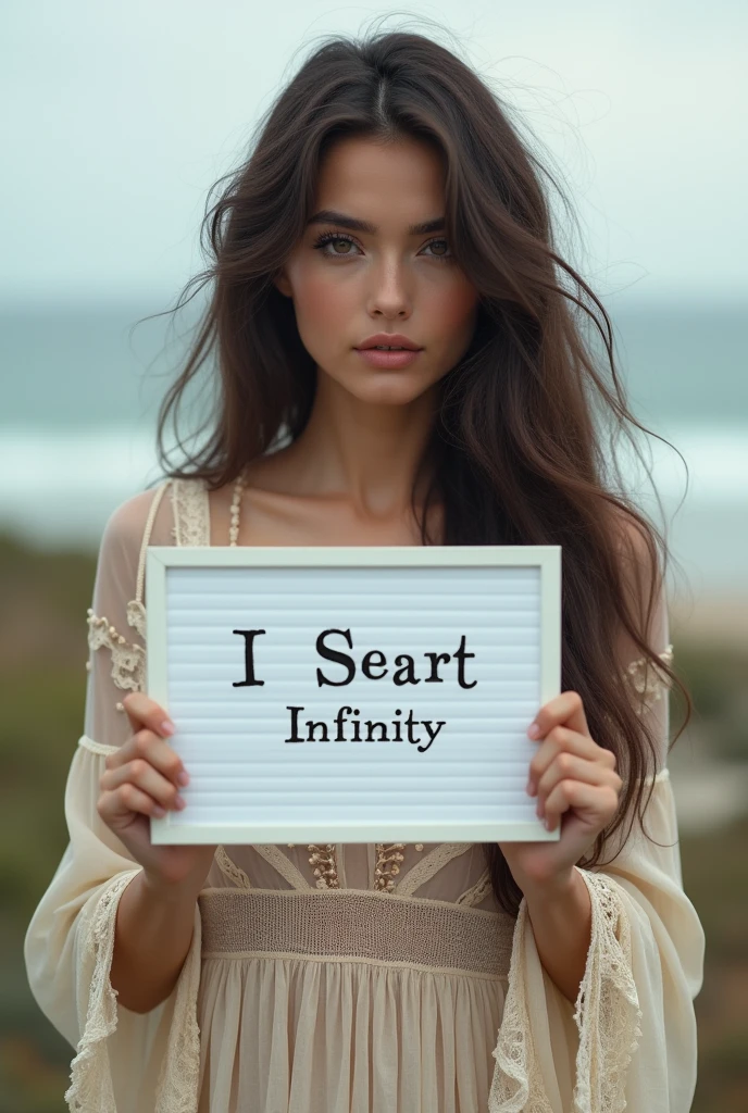 Beautiful girl with wavy long hair, bohemian dress, holding a white board with text "I Love Seaart Infinity" and showing it to the viewer