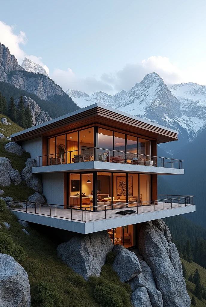Design of a second floor for a house in the mountains with simple but luxurious finishes, where the slab includes tile and concrete roofs