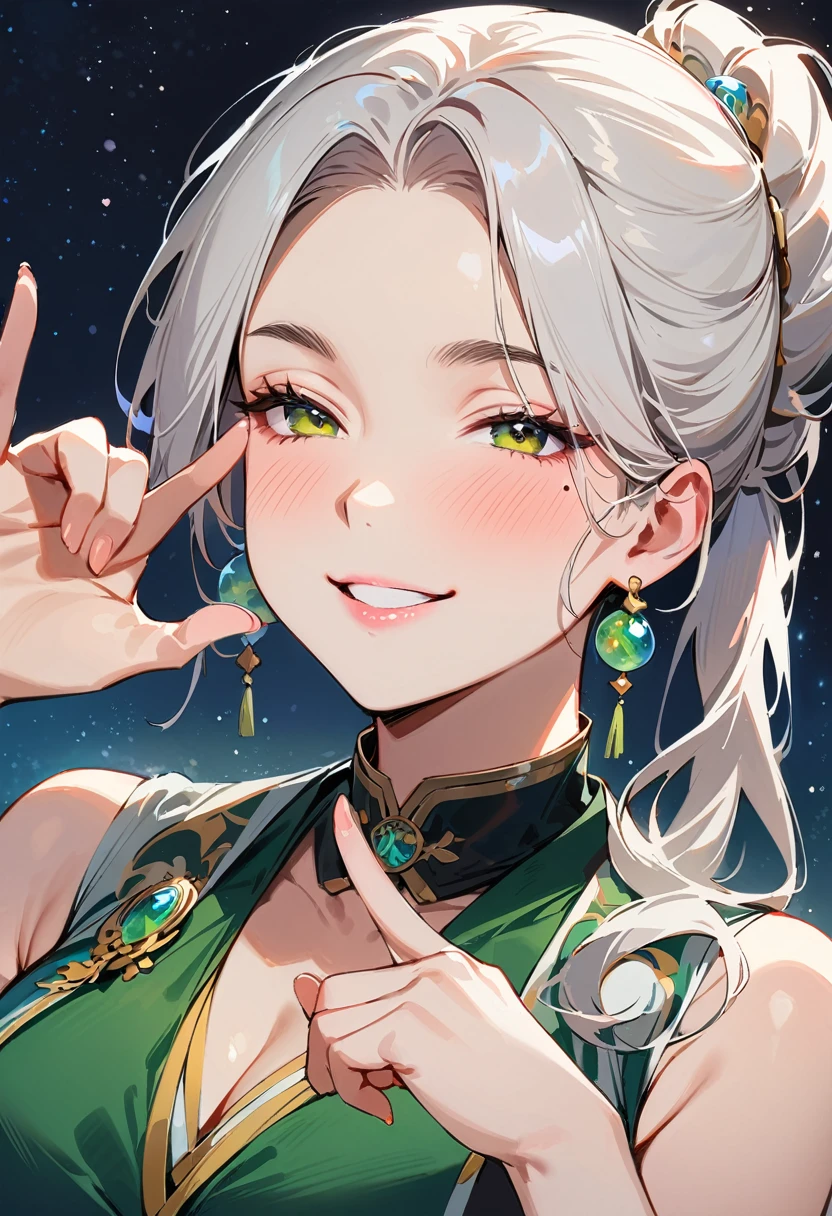 (masterpiece, best quality:1.4), 1 girl, 独奏, Star pupil, Blurred eyes, Close your left eye, Smile, Look up and down, peace gesture, Right tear mole, (Green double ponytail hairstyle:1.2), Royal sister, large breasts, Vest, Vision, Midnight starry sky background.