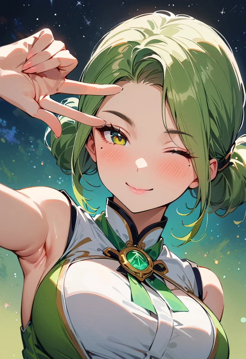 (masterpiece, best quality:1.4), 1 girl, 独奏, Star pupil, Blurred eyes, Close your left eye, Smile, Look up and down, peace gesture, Right tear mole, (Green double ponytail hairstyle:1.2), Royal sister, large breasts, Vest, Vision, Midnight starry sky background.