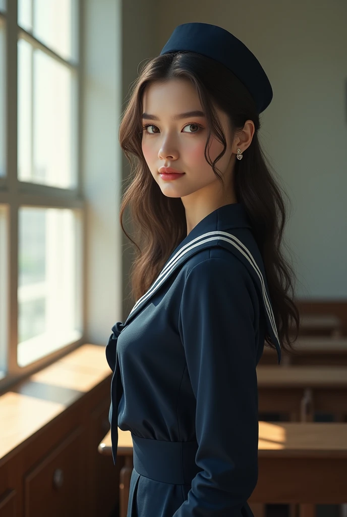 A very beautiful girl wearing a navy blue sailor uniform standing by the window in the classroom