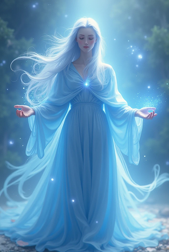 E is a gentle, soothing presence, depicted as a serene figure with flowing, blue robes that ripple like water. E has a calming expression and is surrounded by a soft blue glow, with tendrils of energy extending from their hands. E's face is tranquil, and they have long, straight hair that moves like waves in the wind.