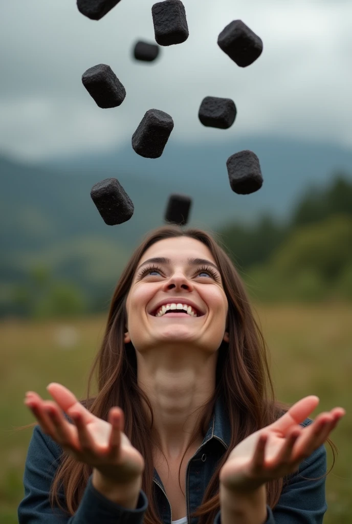 several rough rectangular and porous black candies falling from above, woman looking and smiling with open hands. The Woman must be from the waist up. Landscape image format.
