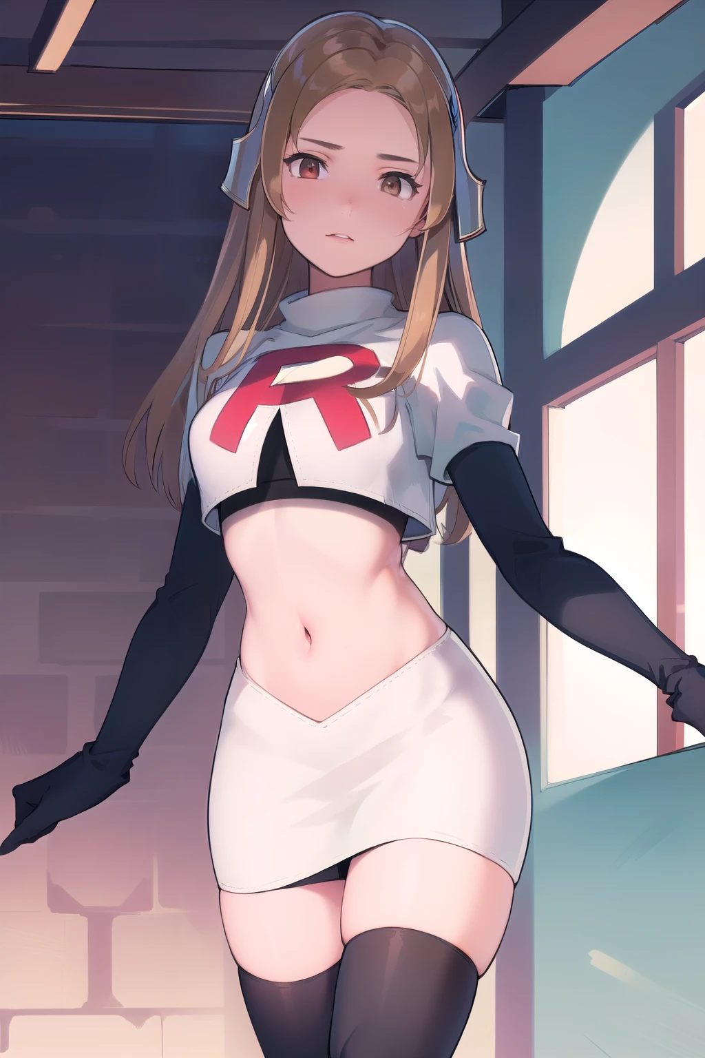 masterpiece, best quality, mathilda, brown eyes,helmet,  looking at viewer, team rocket,team rocket uniform,white skirt,red letter R,crop top,black thigh-highs,black elbow gloves