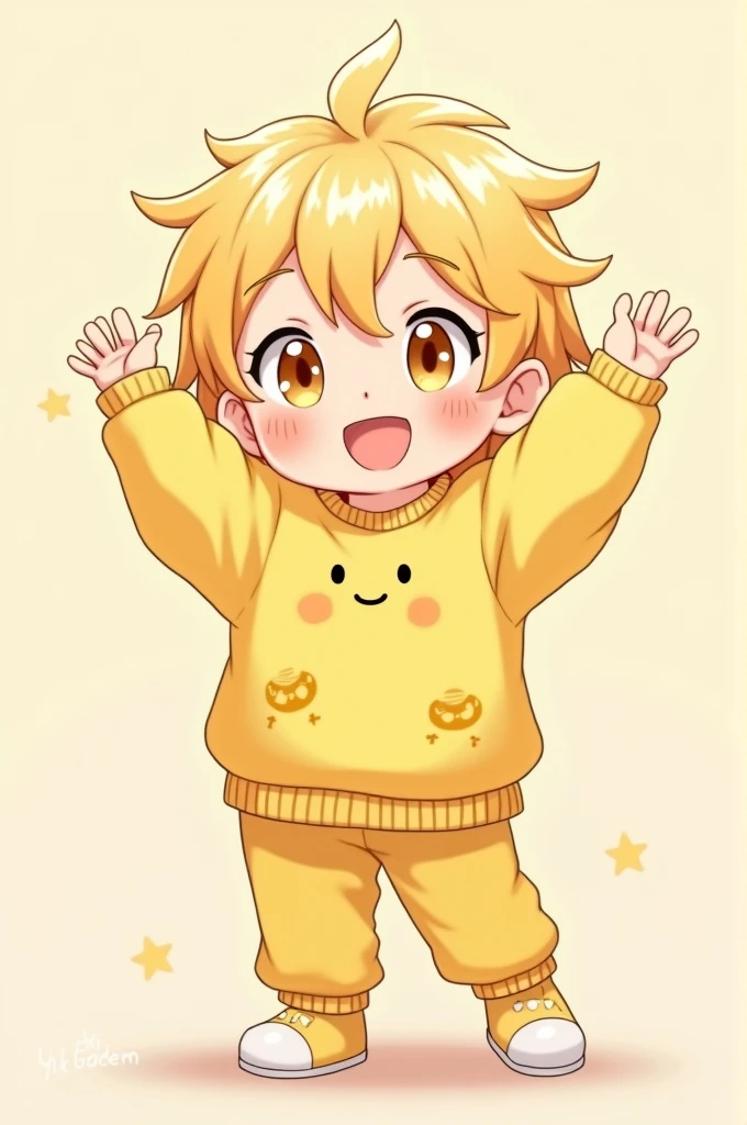 Blonde anime boy yellow sweater with happy faces pastel yellow pants yellow shoes pastel yellow eyes