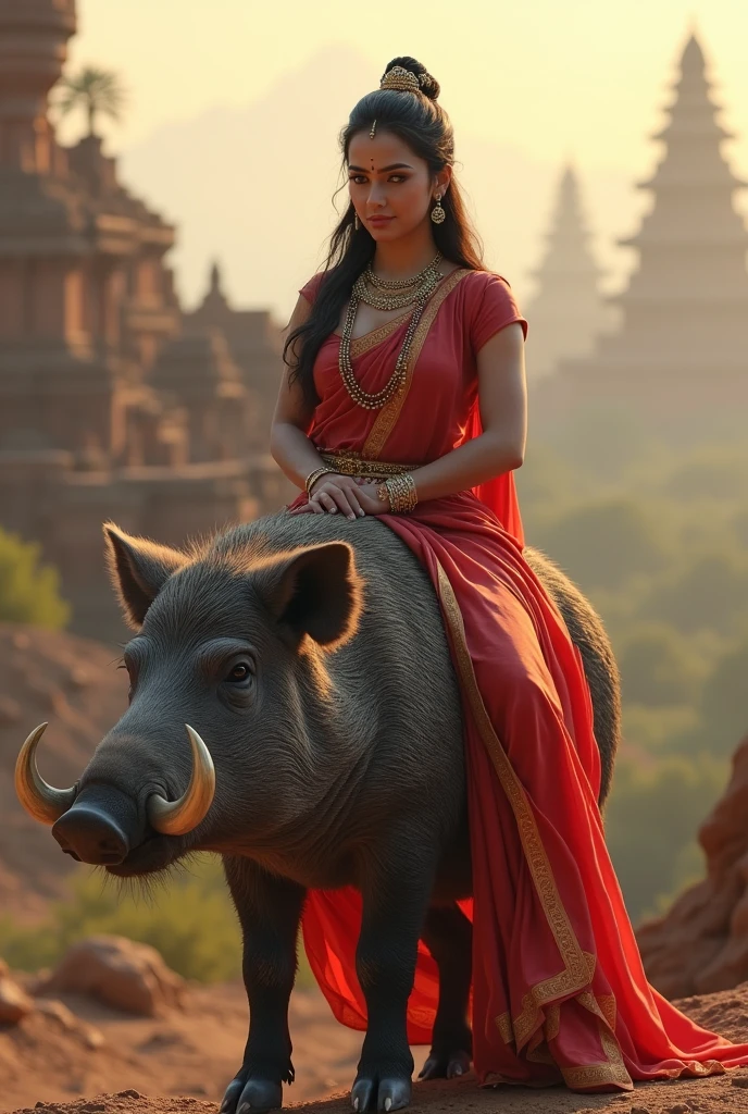A goddess sitting on a wild boar and the background should be of a big city and that goddess should be fully saree and blouse costume up 3D