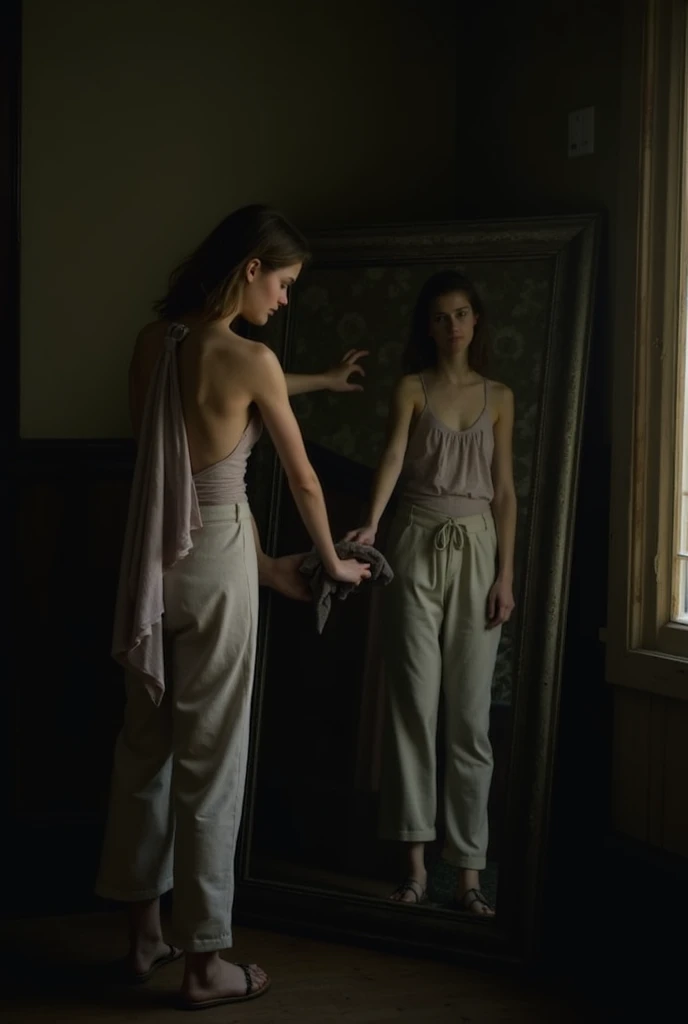 A dimly lit room with an antique mirror standing against the wall, covered partially with a dusty cloth. A young woman is seen cleaning it, with a slightly uneasy expression.