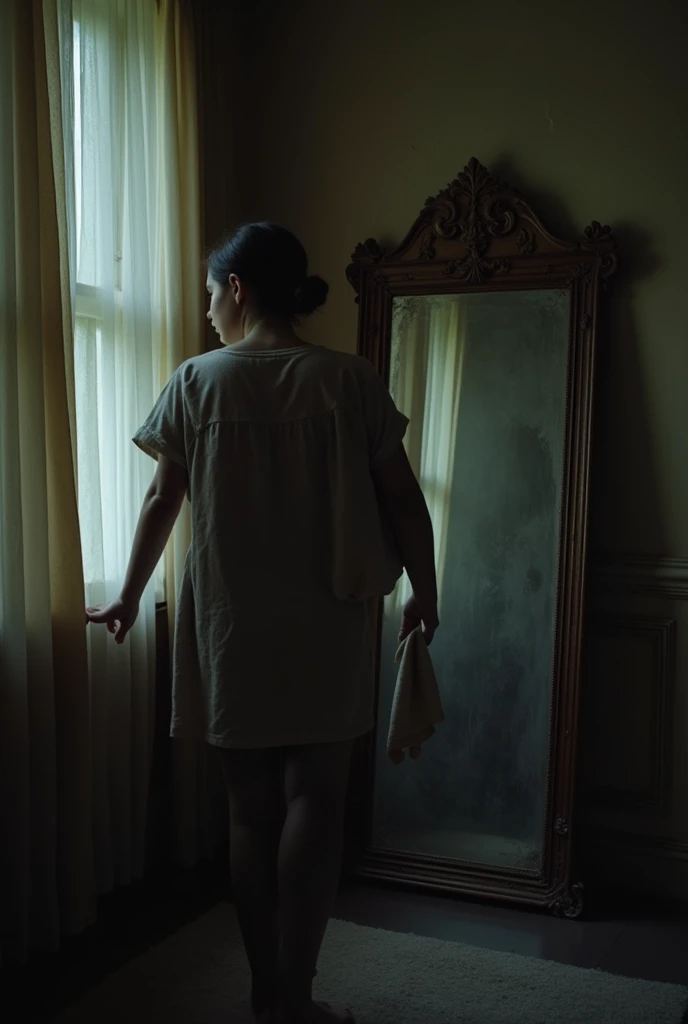 A dimly lit room with an antique mirror standing against the wall, covered partially with a dusty cloth. A young woman is seen cleaning it, with a slightly uneasy expression.