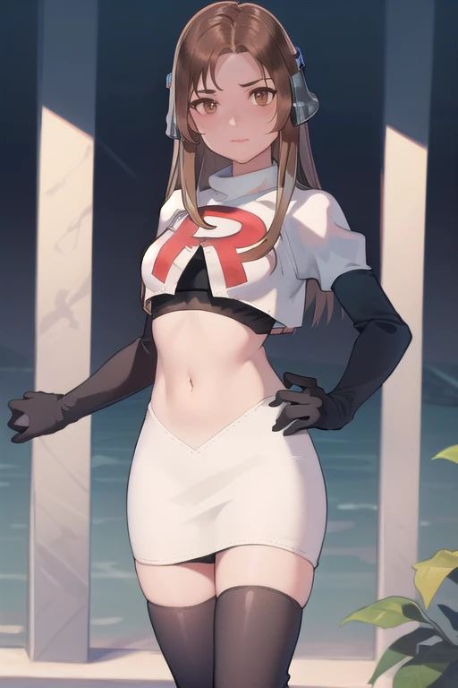 masterpiece, best quality, mathilda, brown eyes,helmet,  looking at viewer, team rocket,team rocket uniform,white skirt,red letter R,crop top,black thigh-highs,black elbow gloves