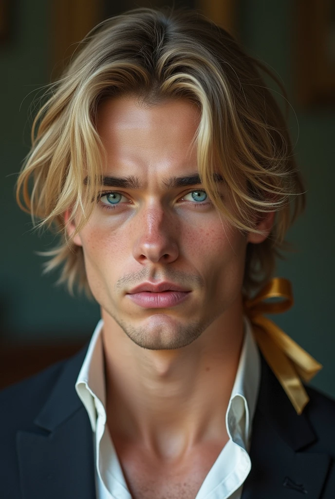 handsome man, darker blonde hair that was parted in the middle, Her bangs hung loosely over her forehead and her slightly longer hair was tied with a gold ribbon into a side ponytail., blue eyes