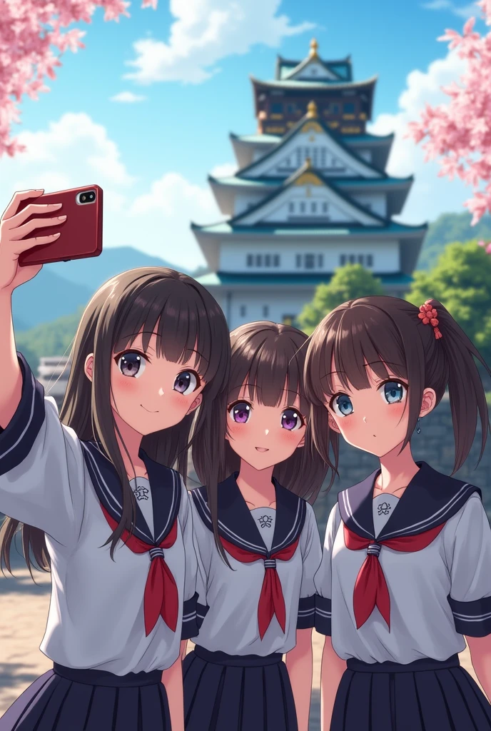 Very beautiful girls wearing JK uniforms taking selfies with a Japanese castle in the background