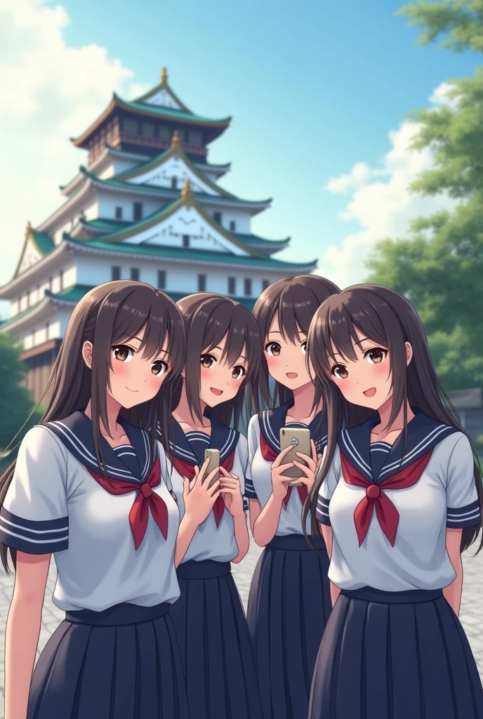 Very beautiful girls wearing JK uniforms taking selfies with a Japanese castle in the background