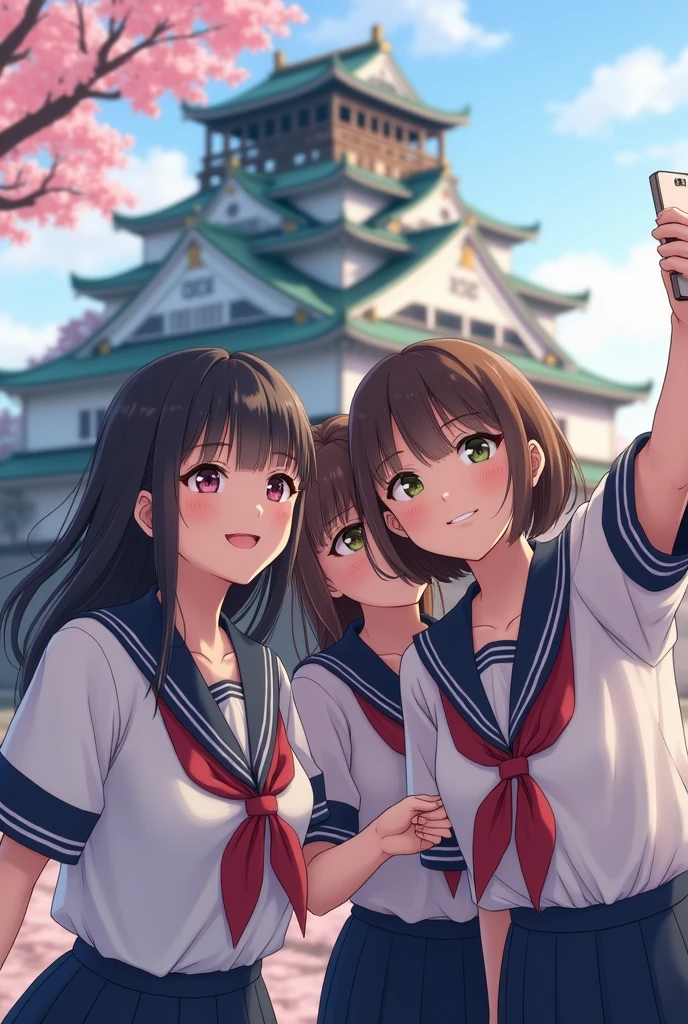 Very beautiful girls wearing JK uniforms taking selfies with a Japanese castle in the background