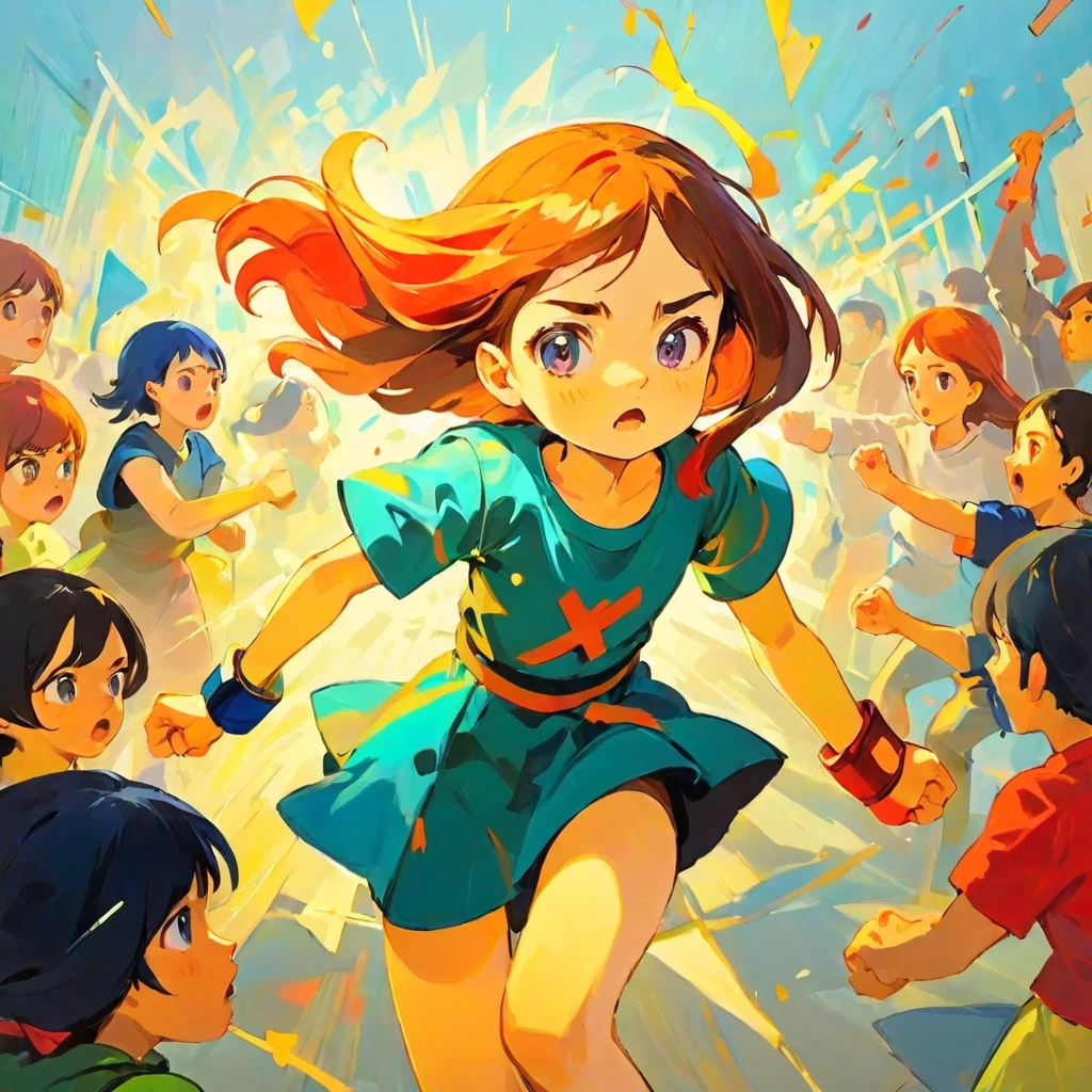 A girl fighting as a hero, Amy Earls, abstract expressionism, Looks boring, gesture, Whimsical、Deformation、Background with many people fighting