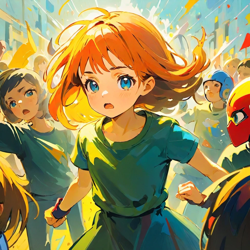 A girl fighting as a hero, Amy Earls, abstract expressionism, Looks boring, gesture, Whimsical、Deformation、Background with many people fighting