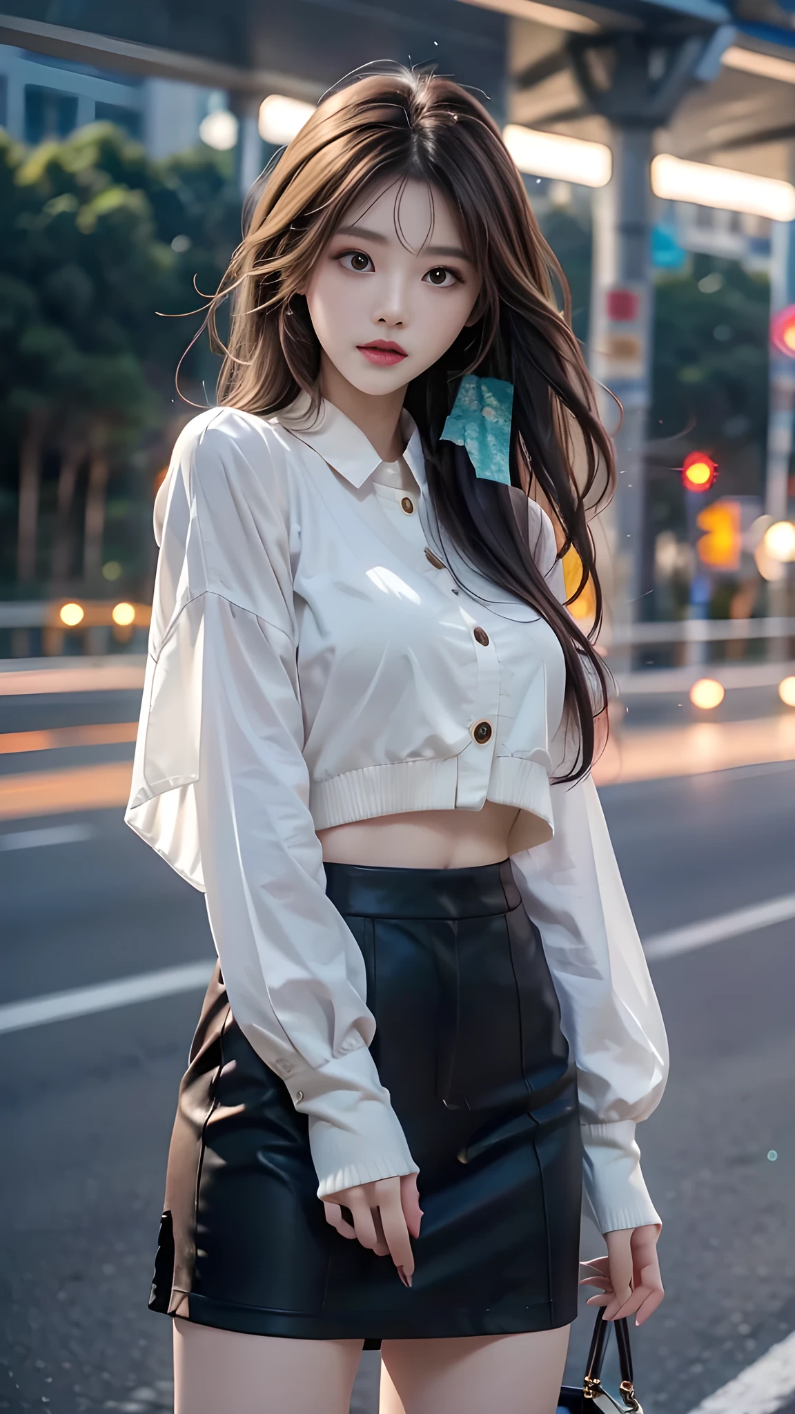 ulzzang-6500-v1.1, (RAW photo: 1.2), (Real photo), (Real photo: 1.4), 1 girl、Perfect anatomy、19 years old、Looking at the camera、Medium length hair, On the highway, the road is empty, the sky is at dusk and the moon and stars have begun to appear, ((on the highway: 1.1)), (clothes: 1.2), (Business service)、Asian eyes Ella,