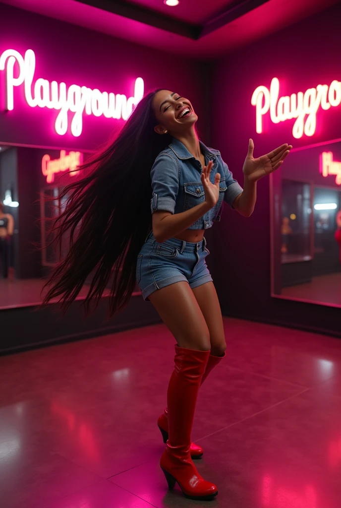 HD: a view of a caramel, Latina, blasian mixed woman, extremely long black glossy hair touching the floor,wearing a denim outfit,long red boots , dancing , and laughing inside a big luxurious dance studio, black-colored walls, vibrant neon sign that say" playground"in pinkish-purple glow, Overhead lights cast a warm glow upon the floor, big mirror on the wall