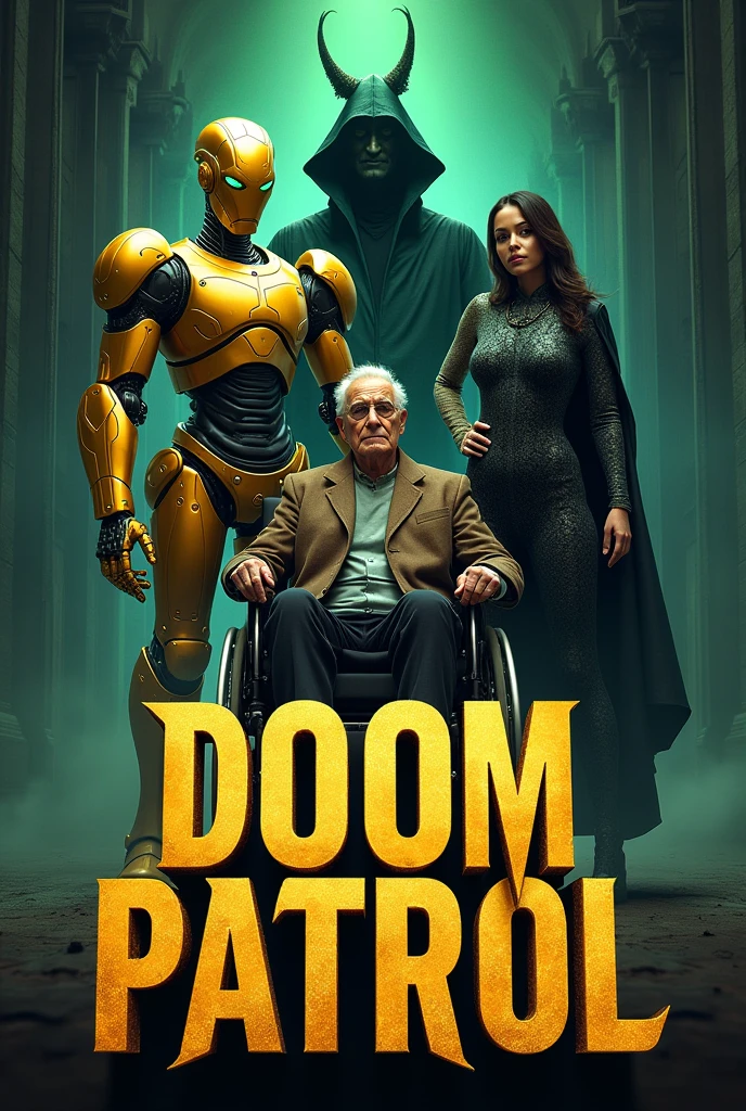 I want a movie poster I want the image to contain, a golden robot, a completely black spirit with a green aura around it behind a completely bandaged man and an elastic woman around a guy of at least 60 years old in a suit in a wheelchair and above it says in large letters, Doom patrol