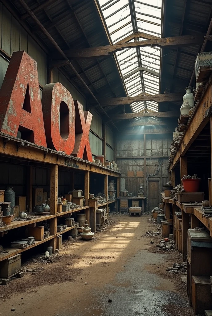 puts an old warehouse and the letters "AOX ANTIQUES"