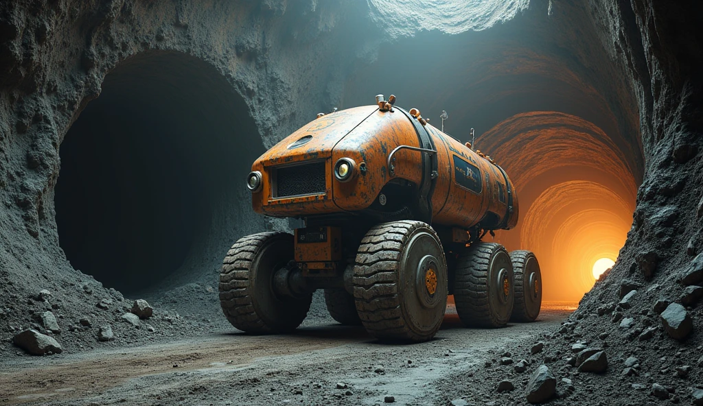 there is a large machine that is sitting in a tunnel, underground mine, intricate mine, mining, mining scrap metal, a beautiful mine, extremely detailed photography, mines, giant quadrupedal mining robot, highly realistic concept art, hyperrealistic concept art, ultra realistic concept art, miners, by Ludwik Konarzewski, nadav kander, heavy machinery