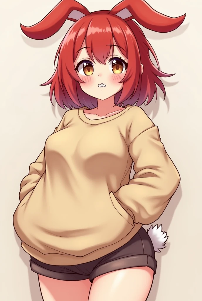 A red-haired male femboy, with a mischievous face, with brown eyes, with a point on the side of his mouth, front teeth like a rabbit in a beige sweatshirt, short and tight shorts, big fat ass, wide hips, thick thighs, chubby body, cute, short.