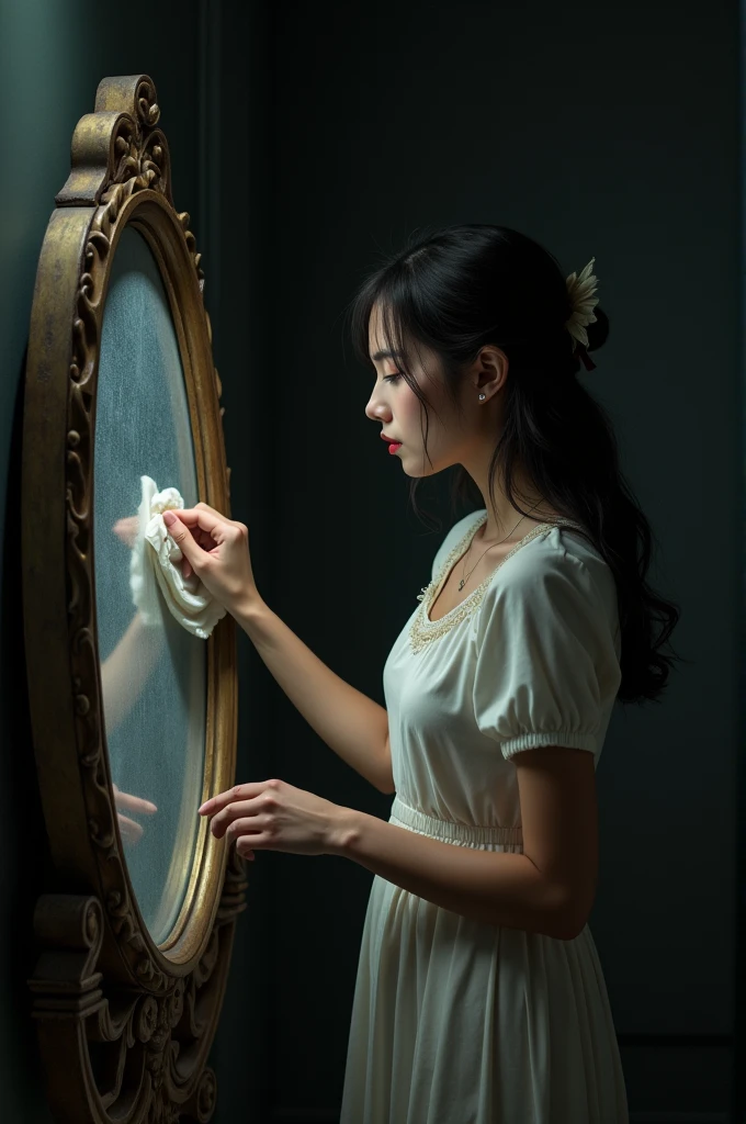 A dimly lit room with an antique mirror standing against the wall, covered partially with a dusty cloth. A young woman is seen cleaning it, with a slightly uneasy expression.