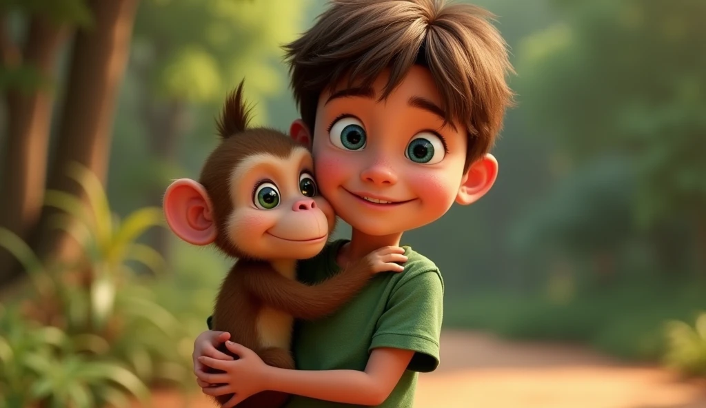 An 11 year old boy with short brown hair and curious blue eyes. He wears a green t-shirt and adventurer pants, being hugged by a small monkey, with light brown fur and large, expressive eyes, who is happy and full of gratitude after being freed, rendered in 3D Disney Pixar animation