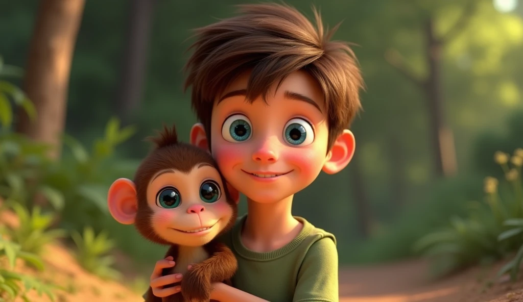 An boy with short brown hair and curious blue eyes. He wears a green t-shirt and adventurer pants, being hugged by a small monkey, with light brown fur and large, expressive eyes, who is happy and full of gratitude after being freed, rendered in 3D Disney Pixar animation