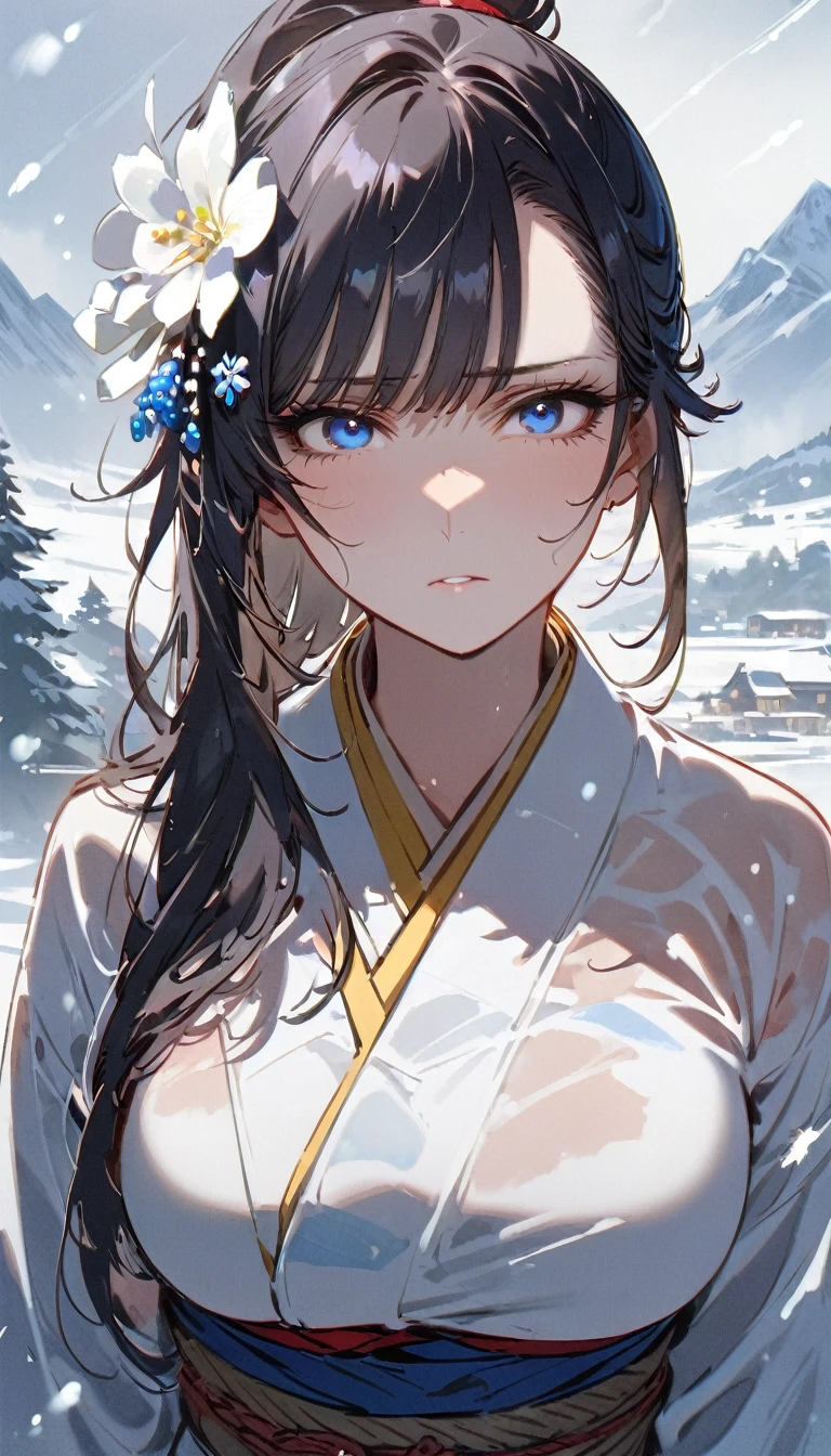 Snow Woman、Beautiful dark blue hair,Big Breasts、Long Hair、Cool look、White kimono、(high quality)、(blue eyes、Perfect Eyes)、(cheek)、Narrow eyes、Adult women、Snowstorm in the background、Long sleeves、from_front,The kimono is transparent,skin is white,unamused,longponytail,hair ornaments,mountain