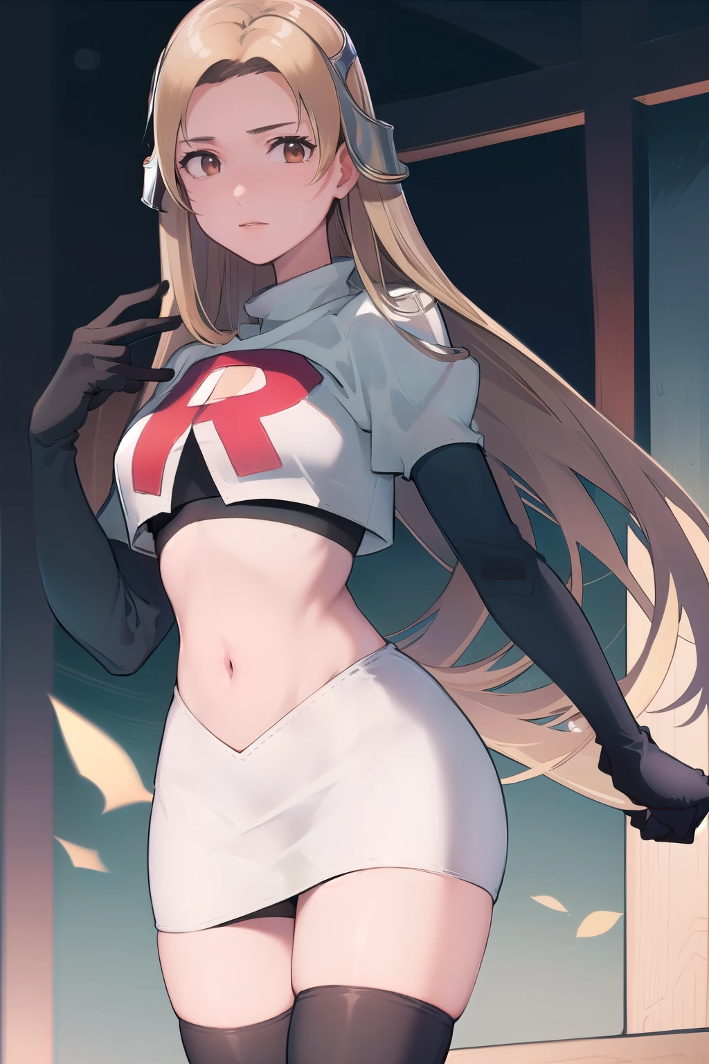 masterpiece, best quality, mathilda, brown eyes,helmet,  looking at viewer, team rocket,team rocket uniform,white skirt,red letter R,crop top,black thigh-highs,black elbow gloves