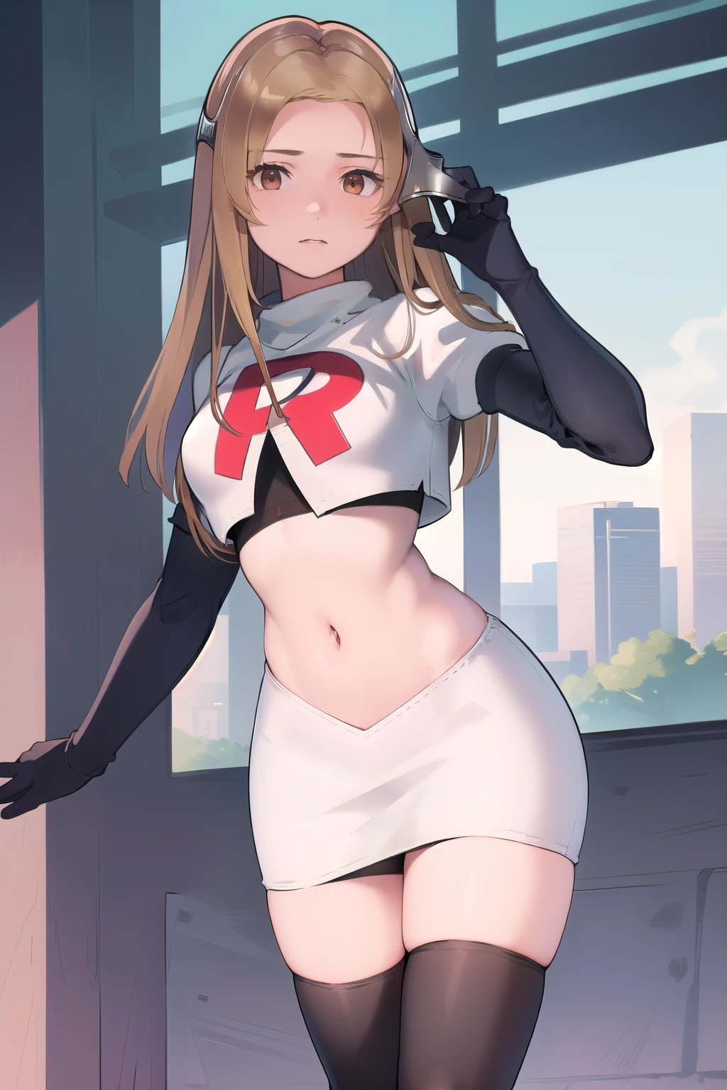 masterpiece, best quality, mathilda, brown eyes,helmet,  looking at viewer, team rocket,team rocket uniform,white skirt,red letter R,crop top,black thigh-highs,black elbow gloves