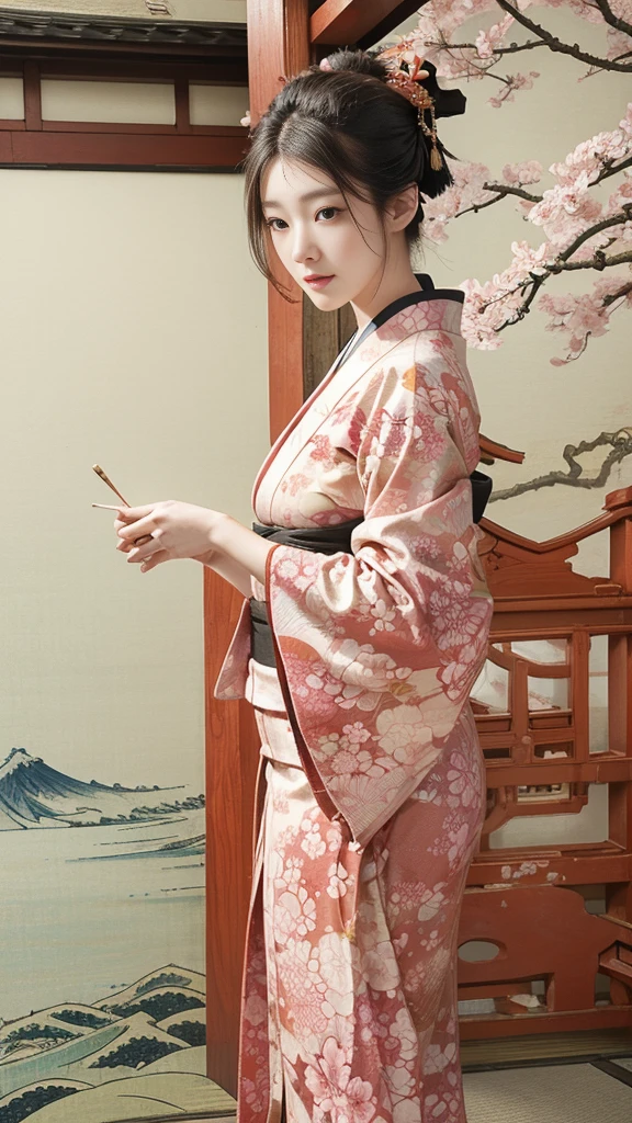 (background:Cherry blossoms on the mountain are covered with mist)((Ukiyo-e))japanese art,or period,tokyo art, lily,Natural landscape.(masseter membrane、top quality、Ukiyo-e style、mystery、Exquisite and beautiful、official art、Sharaku:1.2)、(1 japanese girl in:1.3)、(fractal art:1.3)、cowboy shooting、White skin、(beautiful brunette、kimono:1.2)、With Japanese traditional performing arts as the background、colorful、(reel、Belongs to Japanese style:1.2)、