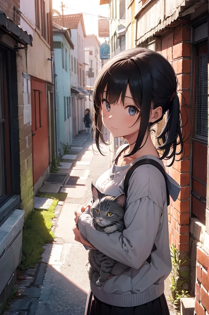 girl with a grey cat on top of her, alleyway, sunset