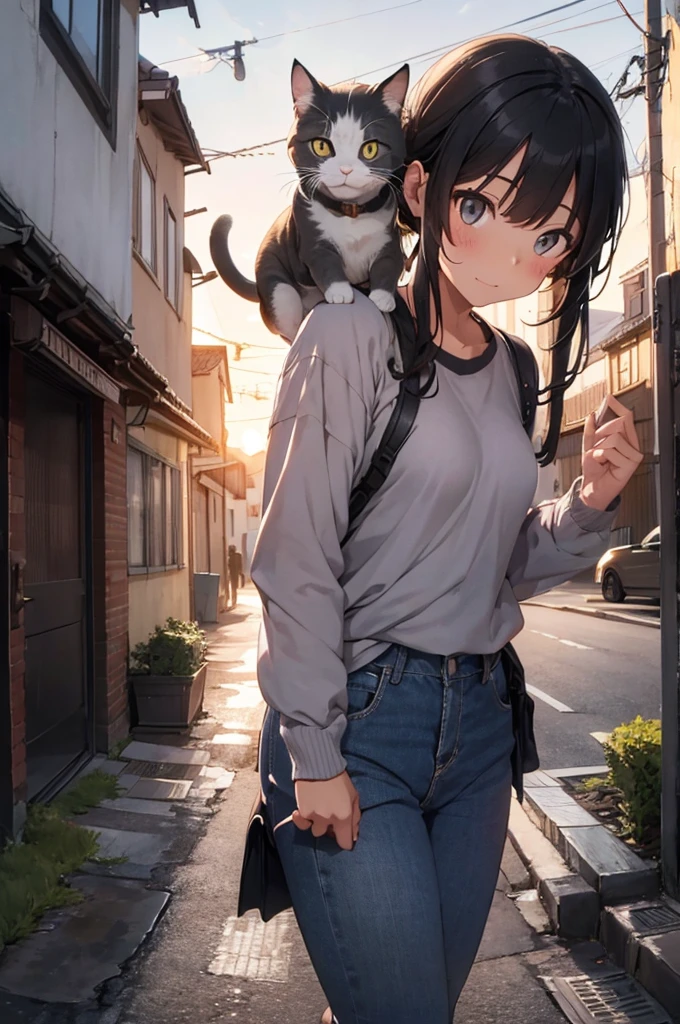 girl with a grey cat on top of her, alleyway, sunset