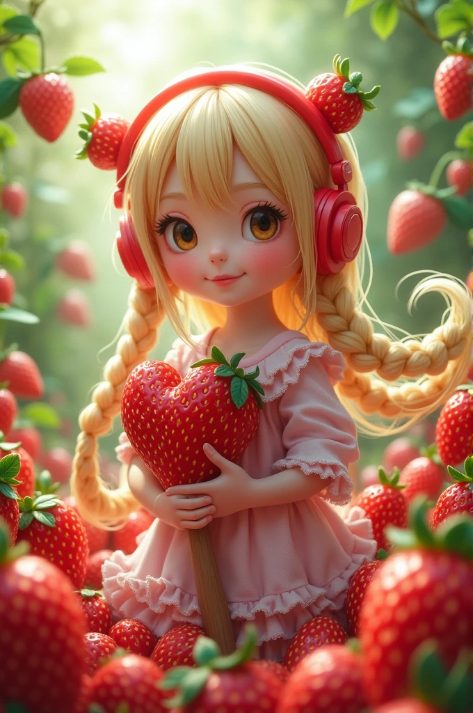 My character has blonde braided hair, strawberry headphones, a strawberry outfit, holding a strawberry basket mallet.