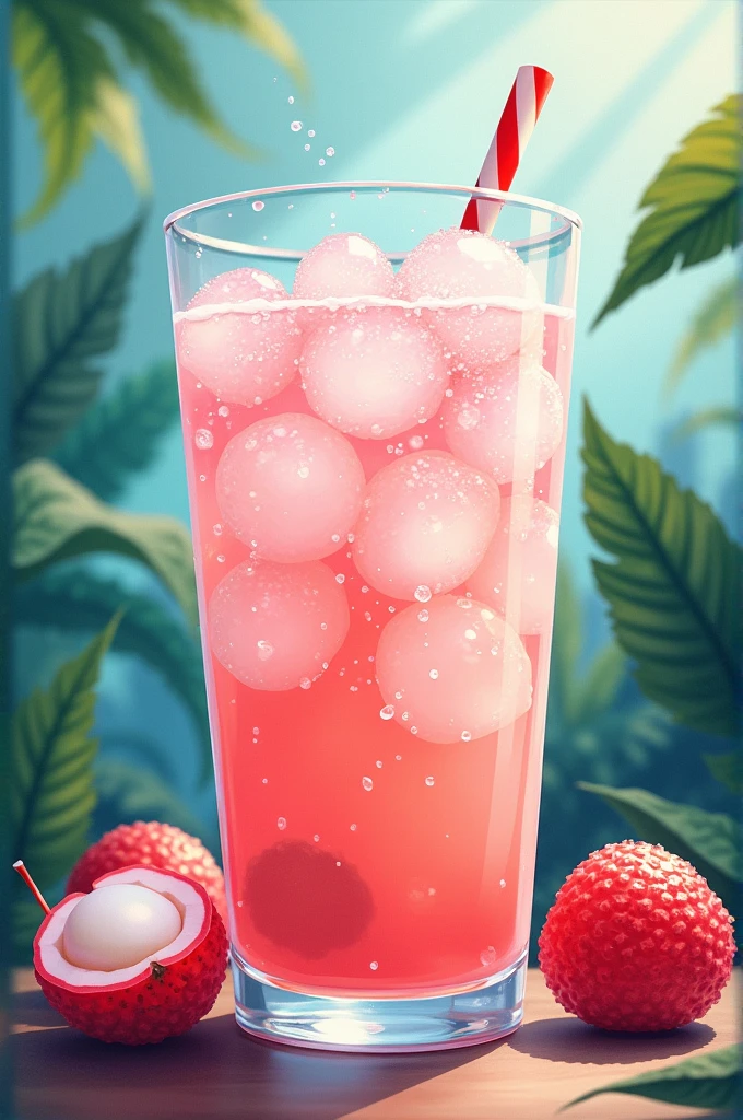 A refresh drink with soda, lychee and lychee poppings in a illustration or painting style