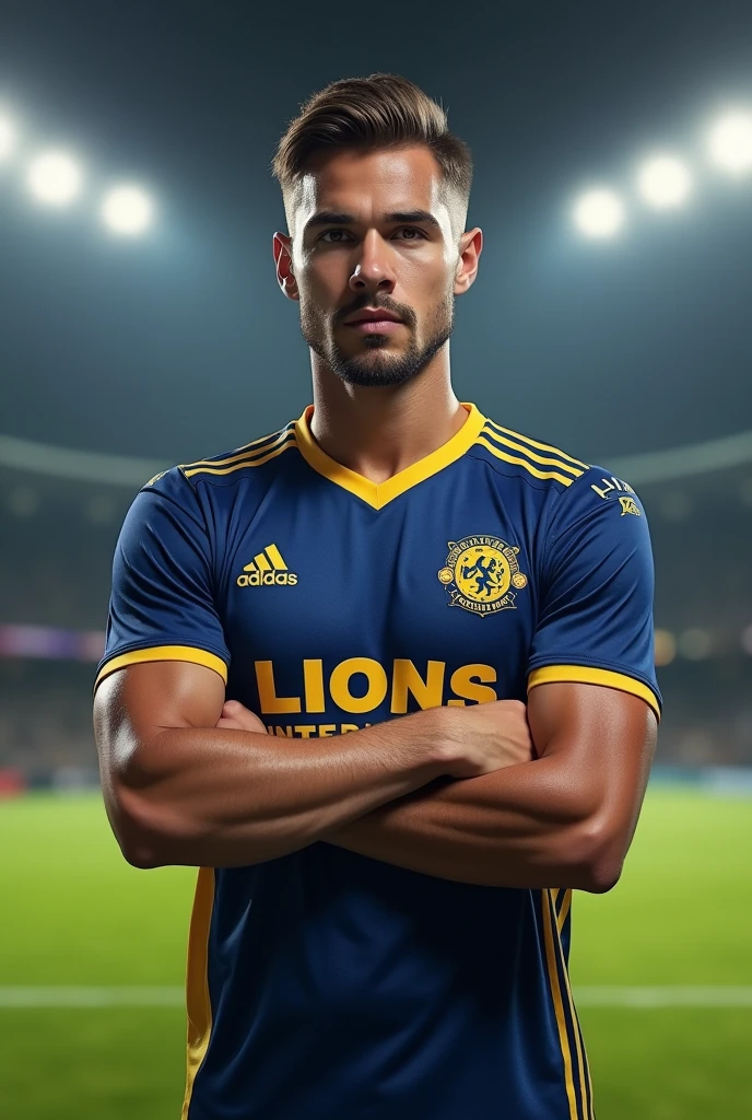 Individual performance of a football player, showing himself from the front with his arms crossed (whole body)that they have their shirt with the Lions International Logo