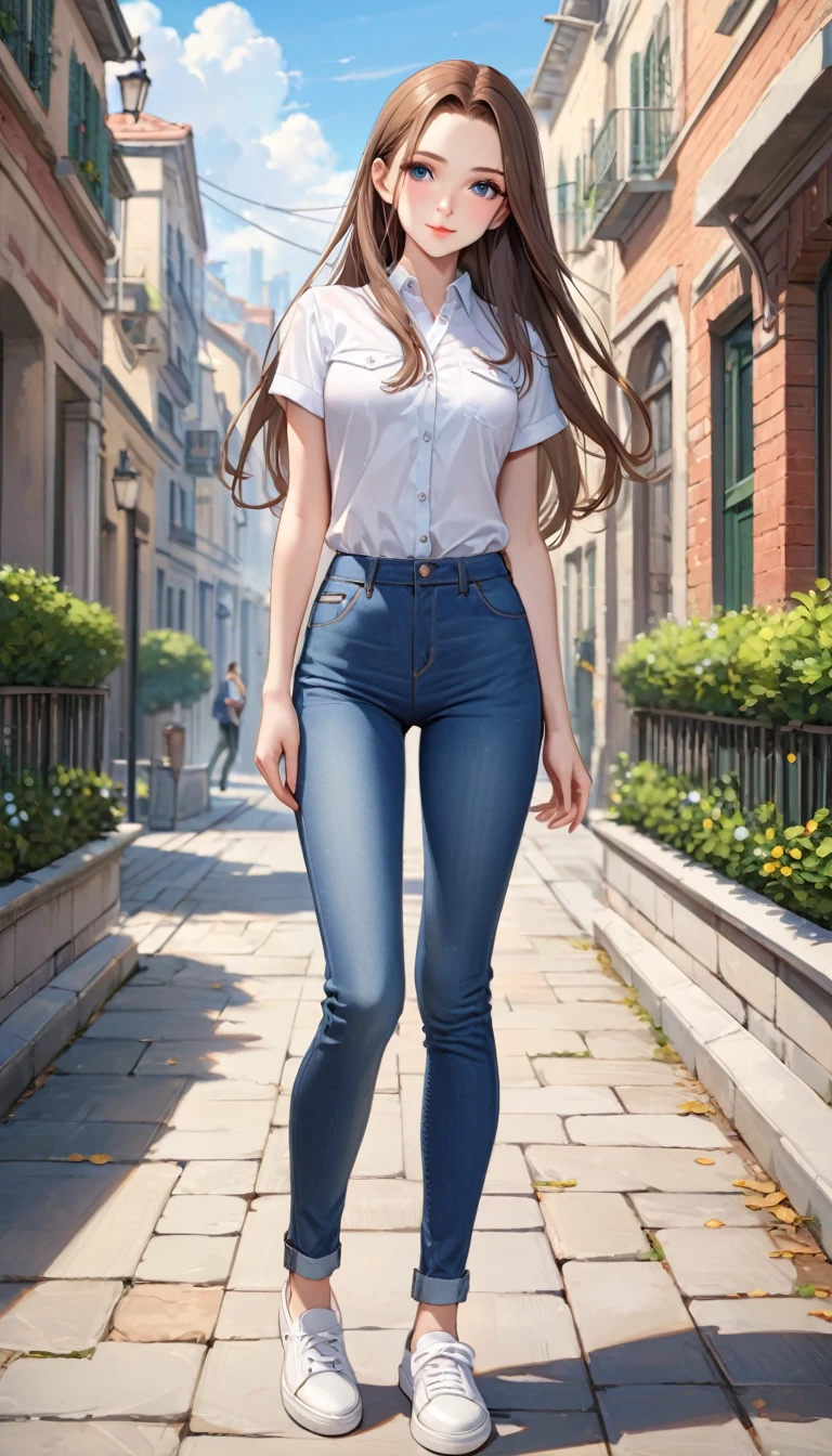 ((best quality, masterpiece:1.3, 8K)), (detailed), highly detailed face and skin texture, detailed eyes, full body, outdoor, (slender body:1.1), 1girl, (solo), (18+ years old), white skin, bright lips, seductive smile, long hair, forehead, brown hair, straight hair, preppy outfit, medium breast, (jeans pants),