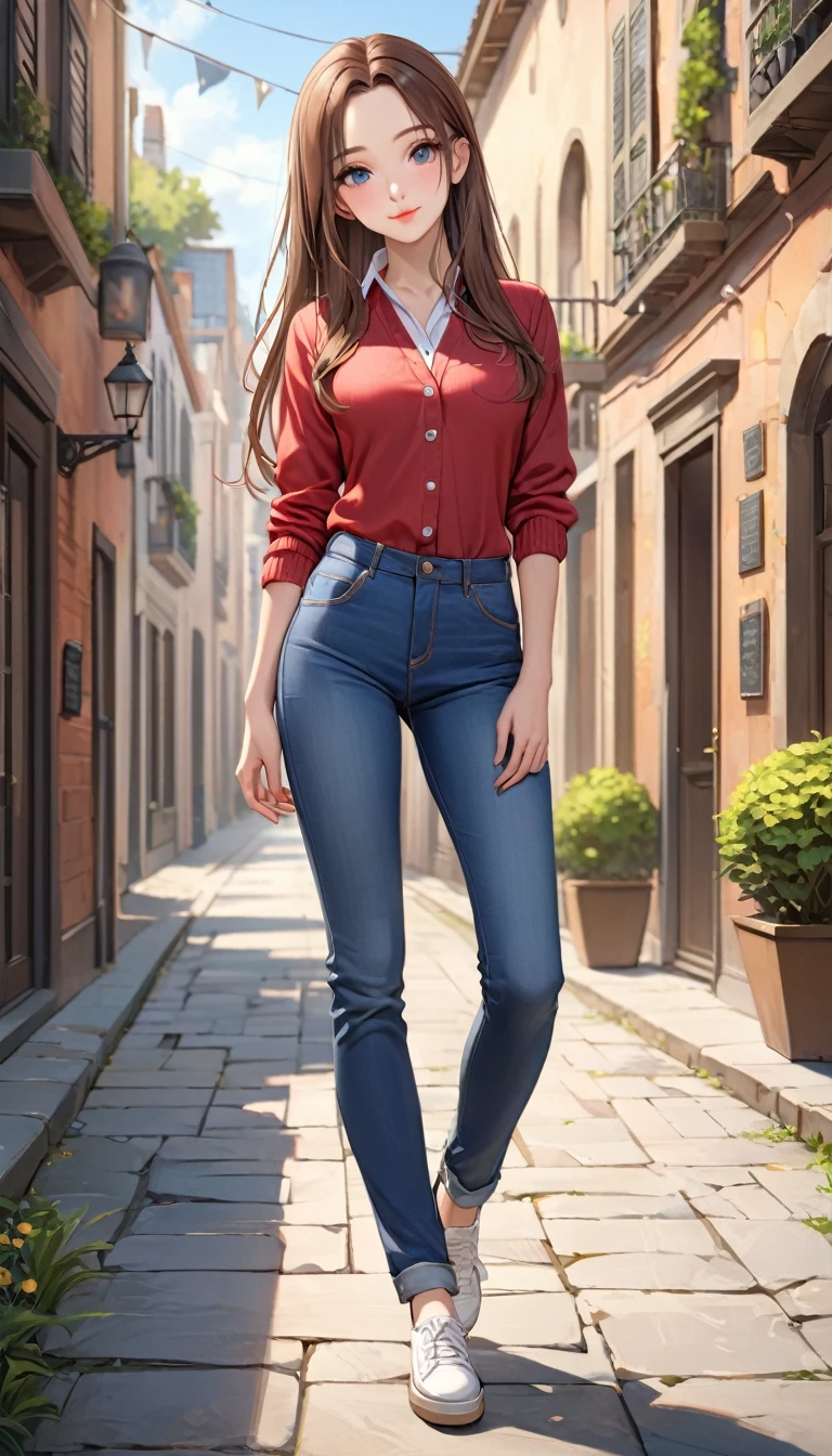 ((best quality, masterpiece:1.3, 8K)), (detailed), highly detailed face and skin texture, detailed eyes, full body, outdoor, (slender body:1.1), 1girl, (solo), (18+ years old), white skin, bright lips, seductive smile, long hair, forehead, brown hair, straight hair, preppy outfit, medium breast, (jeans pants), 