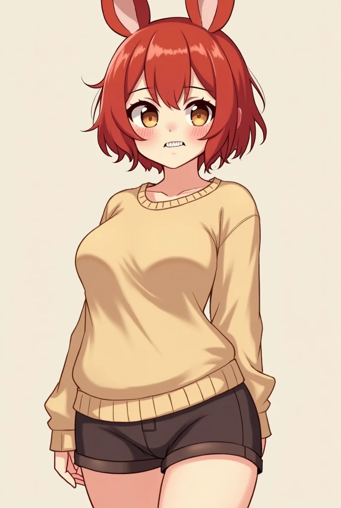 A red-haired male femboy, with a mischievous face, with brown eyes, with a point on the side of his mouth, front teeth like a rabbit in a beige sweatshirt, short and tight shorts, big fat ass, wide hips, thick thighs, chubby body, cute, short. (WITHOUT BOOBS)