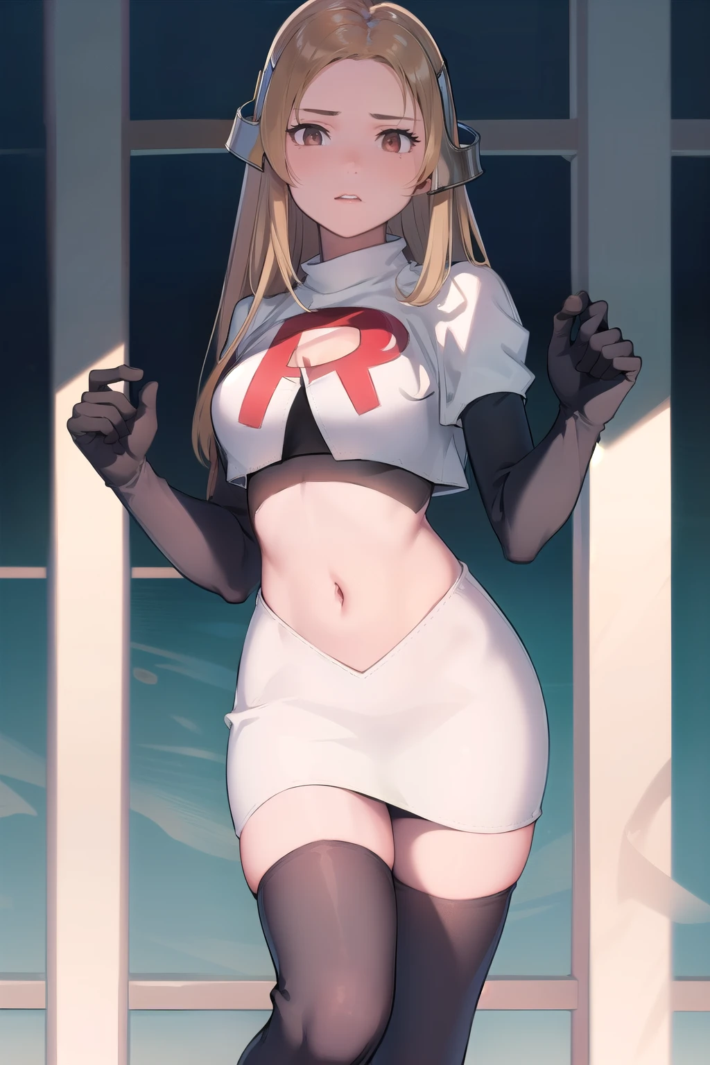 masterpiece, best quality, mathilda, brown eyes,helmet,  looking at viewer, team rocket,team rocket uniform,white skirt,red letter R,crop top,black thigh-highs,black elbow gloves