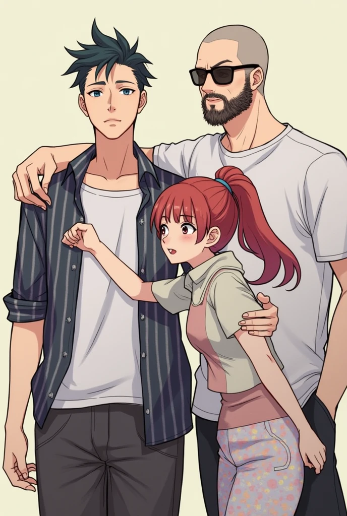1 female、2 males、A woman with long hair and narrow eyes、A tall man with glasses and a curly beard、Bearded man with shaved head and sunglasses、2 males、