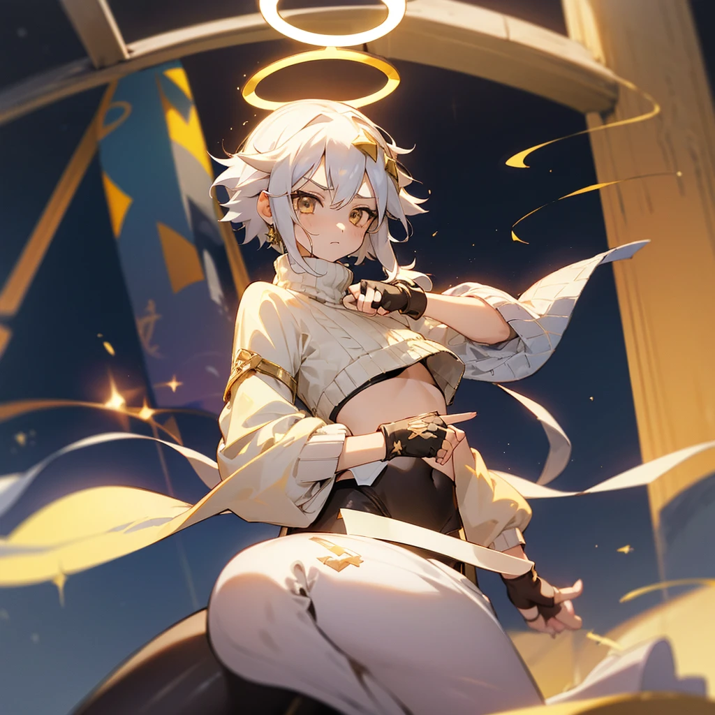 (1girl:1.2), (princess:1.2), (enchanter:1.3), (jitome:1.4), (serious:1.3), (halo:1.4), (crop top:1.3), (fingerless gloves:1.3), (sweater:1.3), (leggings:1.3), White hair, gold eyes,