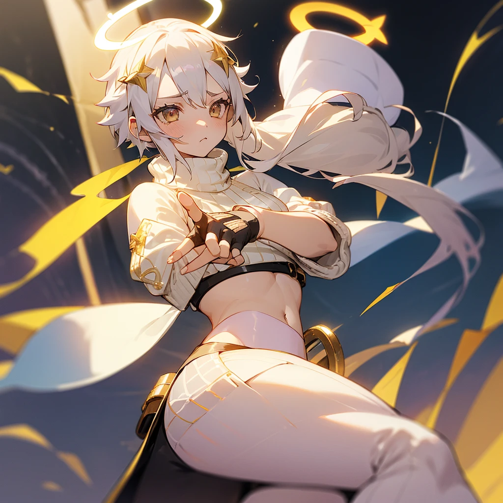(1girl:1.2), (princess:1.2), (enchanter:1.3), (jitome:1.4), (serious:1.3), (halo:1.4), (crop top:1.3), (fingerless gloves:1.3), (sweater:1.3), (leggings:1.3), White hair, gold eyes,