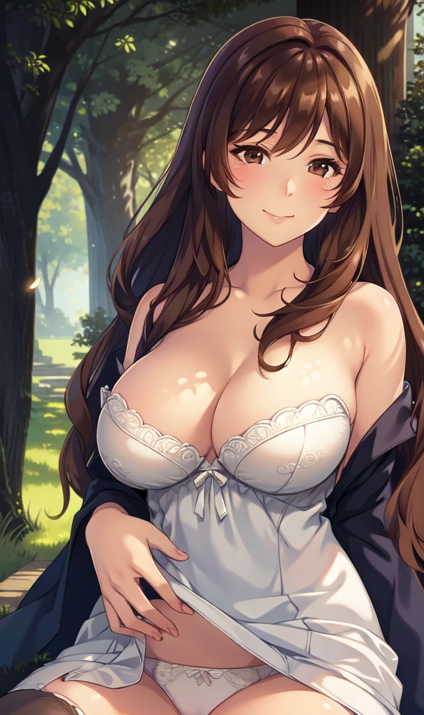 (Highres), (Detailed Illustration), Ultra-Detailed, Ambient Light, Backlighting, Realistic Shadows, Glowing Particles, Light Particles, Digital Art, Soft Light, Soft Lighting, White Light, White Lighting, Reflections, Detailed Face, (Detailed Hair:1.2), Dim Lighting, Indirect Lighting, Reflections, Detailed Face, (Detailed Hair:1.2), (Desaturated:1.4),
(indoors:1.2), looking at viewer,
(1girls:1.4), blush, smile, upper body, from the back, against tree, bare shoulders, bare tree, blush, branch, larger breasts, big breasts, brown eyes, brown hair, bush, cum, dappled sunlight, day, foliage, forest, garden, grass, in tree, ivy, large_breasts, leaf, long hair, nature, outdoors, palm tree, panties, park, pine tree, plant, sitting, sitting in tree, sky, smile, solo, thighhighs, tree, tree shade, under tree, underwear, white panties, (dress:1.4), (very larger breasts:1.4), blush, breasts, brown eyes, brown_hair, cleavage, couch, covered nipples, panties, pantyshot, sitting, solo, (bent over on the back:1.4),
(),